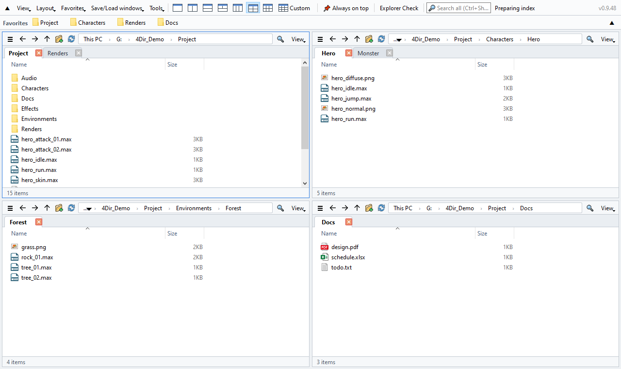 4 panes, light theme