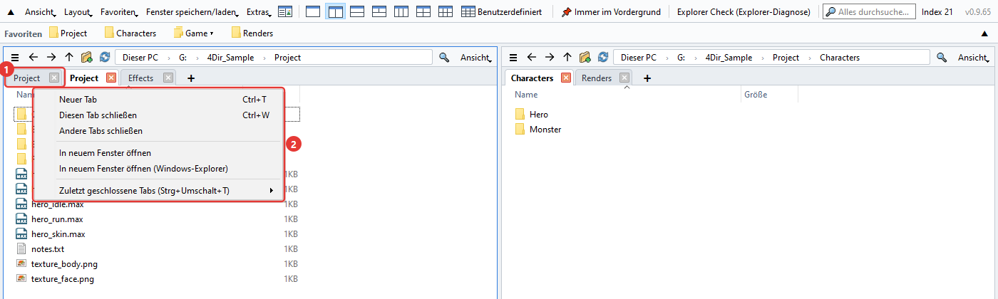 Kontextmenü der Tabs