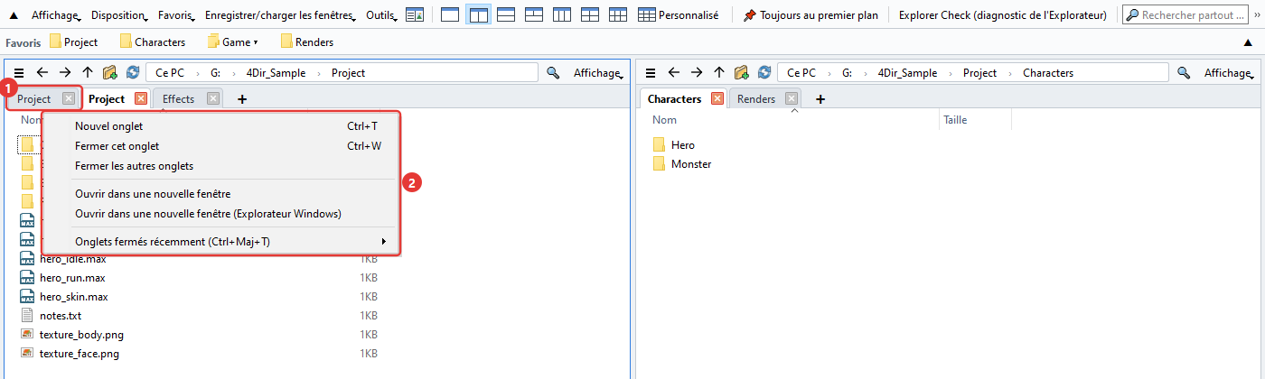 Menu contextuel des onglets