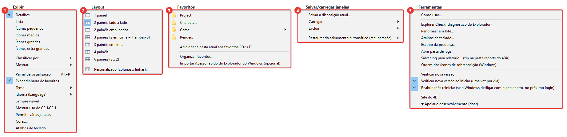 Os menus de cima, num relance