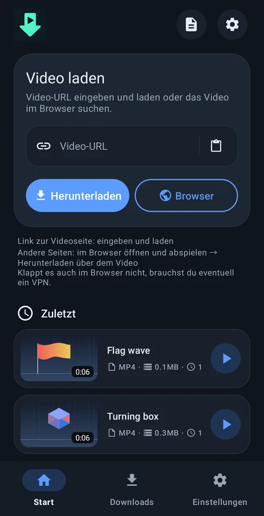 Startbildschirm mit Linkfeld und Download-Schaltfläche