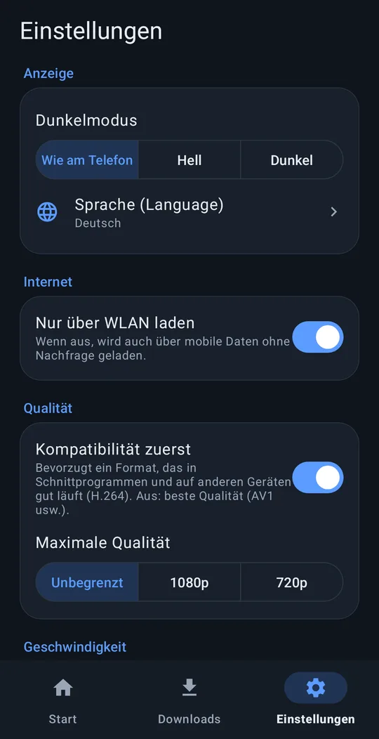 Einstellungen: Dunkelmodus, Sprache, nur WLAN, Qualität