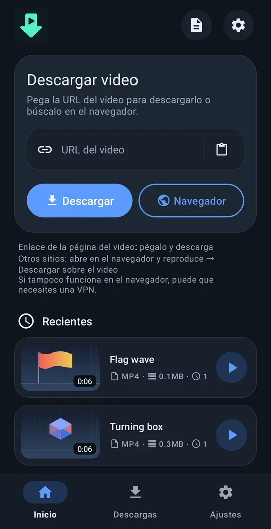 Pantalla de inicio con un campo de enlace y un botón Descargar