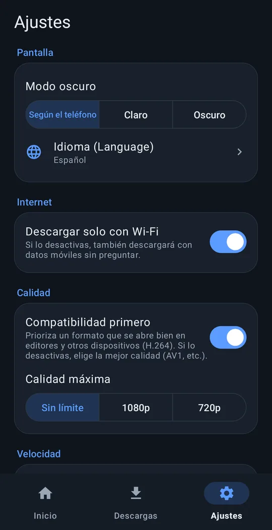Ajustes: modo oscuro, idioma, solo Wi-Fi, calidad