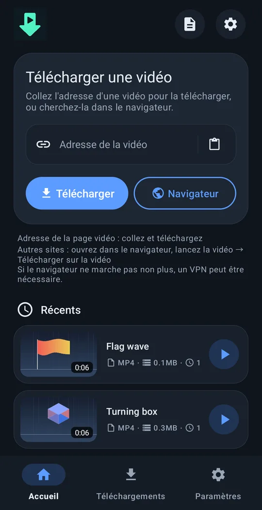 Écran d’accueil avec un champ de lien et un bouton Télécharger