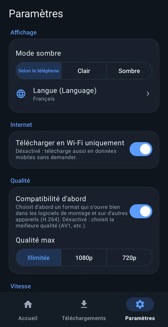 Paramètres : mode sombre, langue, Wi-Fi uniquement, qualité